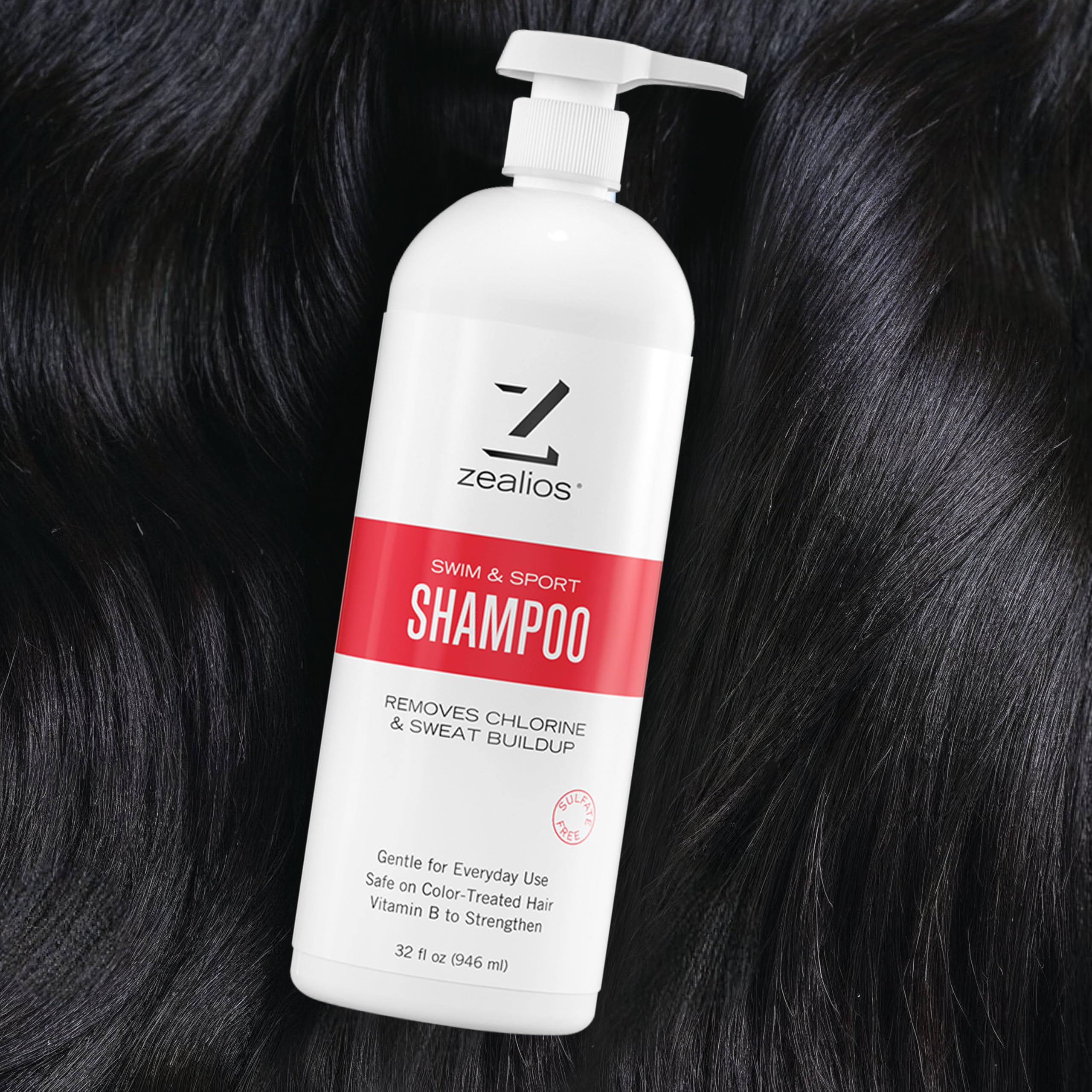 Zealios Swim & Sport Clarifying Shampoo, 32 oz Pump Bottle for Extremely Damaged Hair, Pool Hair Repair & Protector - Sulfate-Free, Moisturizing Chlorine & Salt Removal, Color-Safe, Citrus Scent