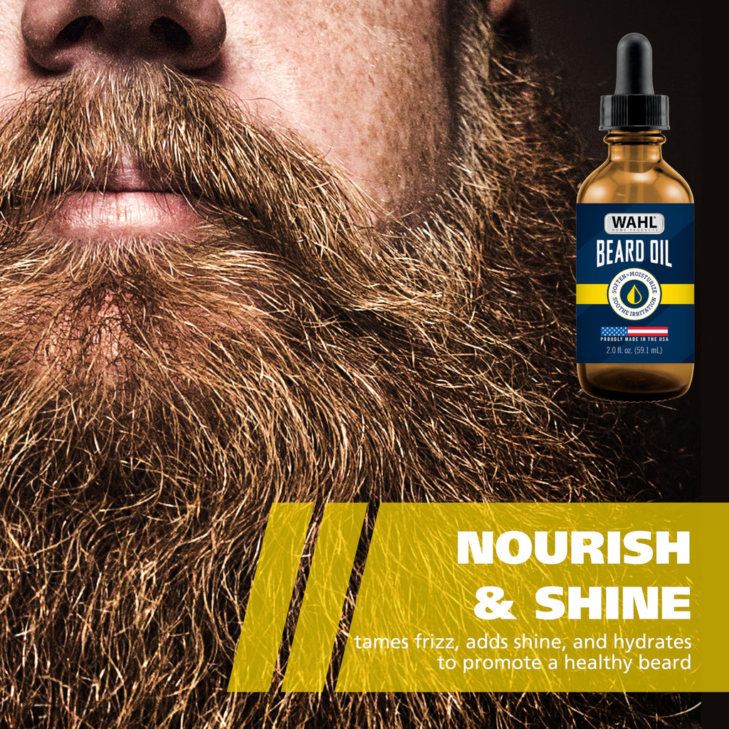 Wahl® Beard Oil for Men – Softens & Moisturizes Beard Hair, Soothes Skin Irritation - Contains Sweet Almond, Oat Kernel & Cinnamon Oils - Fresh Citrus Scent, 2.0 Fl Oz – Model 3028692