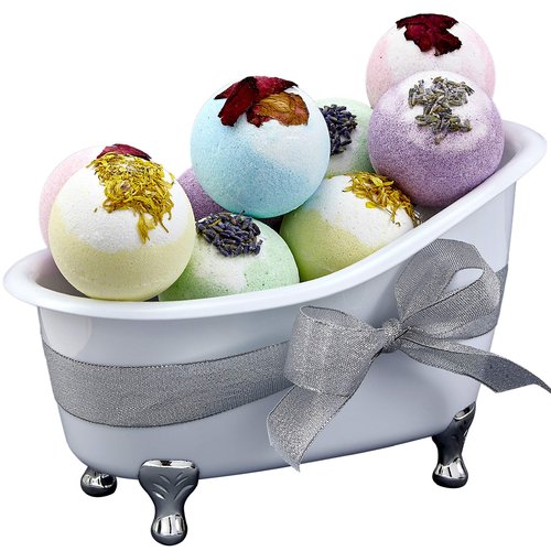 Gift Baskets for Women Holiday Gift for Teen Girls Bath Bomb Self Care Gifts for Women Spa Bath Set, Womens Gifts 10 Two Tone Bath Fizzies W Shea & Coco Butter Dry Flower Petals