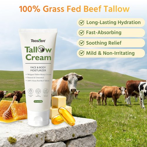 Taoscare Beef Tallow for Skin, 100% Grass-Fed Whipped Tallow Balm – Organic Moisturizer for Face & Body – Deep Hydration for Dry & Sensitive Skin – Natural Tallow Cream