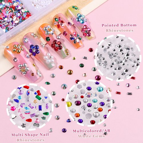 8000Pcs 3D Nail Charms and Nail Gems, Mixed Shapes and Colors Nail Charms Gold Silver Cross Star Caviar Beads Pearls Pink White Flowers Bows Charms with Tweezers for Nail Art Design Junk Case