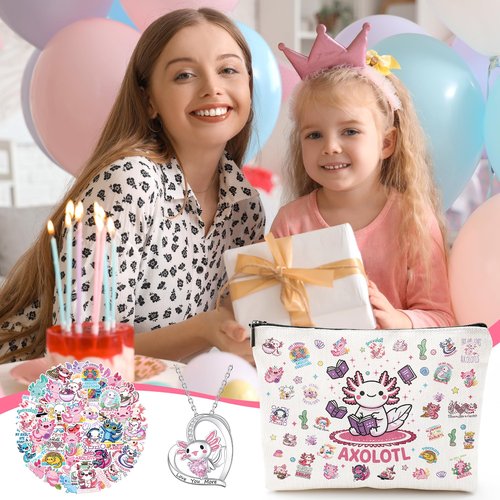 Silkovahamd Axolotl Gifts for Women - Cute Axolotl Necklace, Makeup Bag & 50Pcs Stickers Set - Unique Salamander Themed Present for Girl, Daughter, Axolotl Lover Birthday Christmas Velentine Day