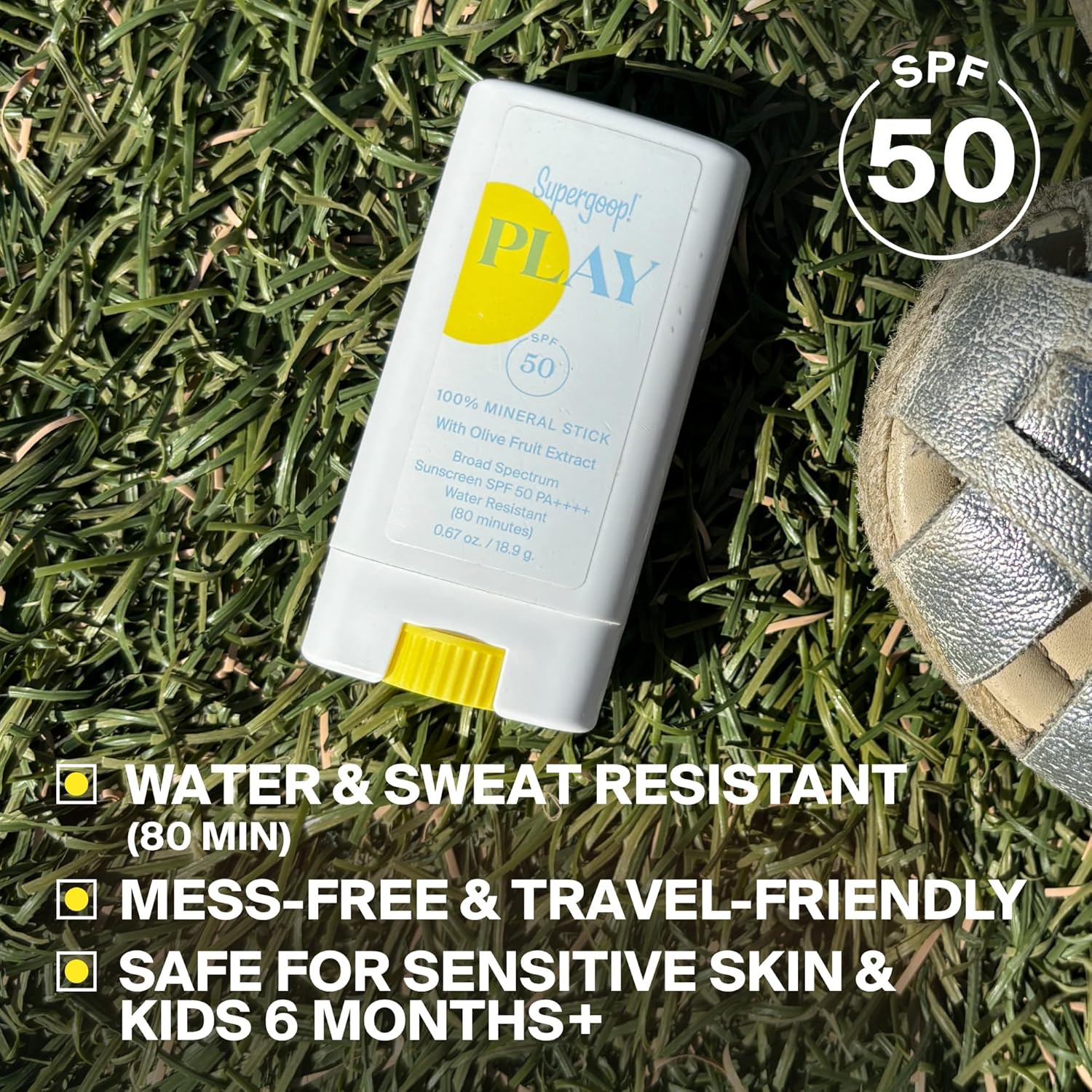 Supergoop! PLAY Mineral Stick SPF 50 - On-the-Go Broad Spectrum Face Sunscreen, 0.67 oz - Water Resistant & Vegan