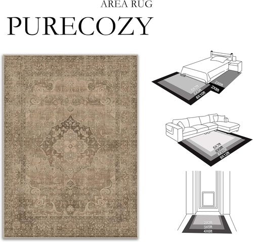 PureCozy Brown 6x9 Area Rug - Non-Slip Washable Floral Vintage Design for Living Room & Bedroom