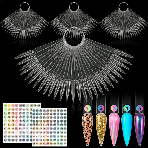 200 Pcs Nail Swatch Sticks Stiletto – Polish Color Swatches with 4 Metal Rings & Numbering Stickers – True Color Visibility, Easy Layer Control | Works with Art Decals and Nail Art Striping Tape Lines