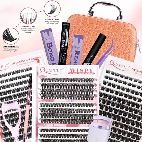 Lash Extension Kit, 516Pcs Individual Cluster Eyelash Extensions with Lash Bond&Seal Remover Tweezer Brush Lash Curler Lash Assistant Stylish Portable Makeup Bag DIY Lash Extensions at Home