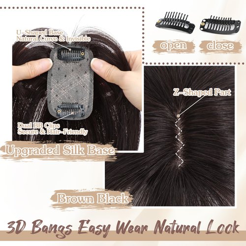 DinkyTims Hair Toppers for Women Real Human Hair - 360° Coverage Deep Brown Black Clip In Topper with Bangs for Thinning Hair Upgraded 5×9 cm Silk Base Ideal for Everyday Use