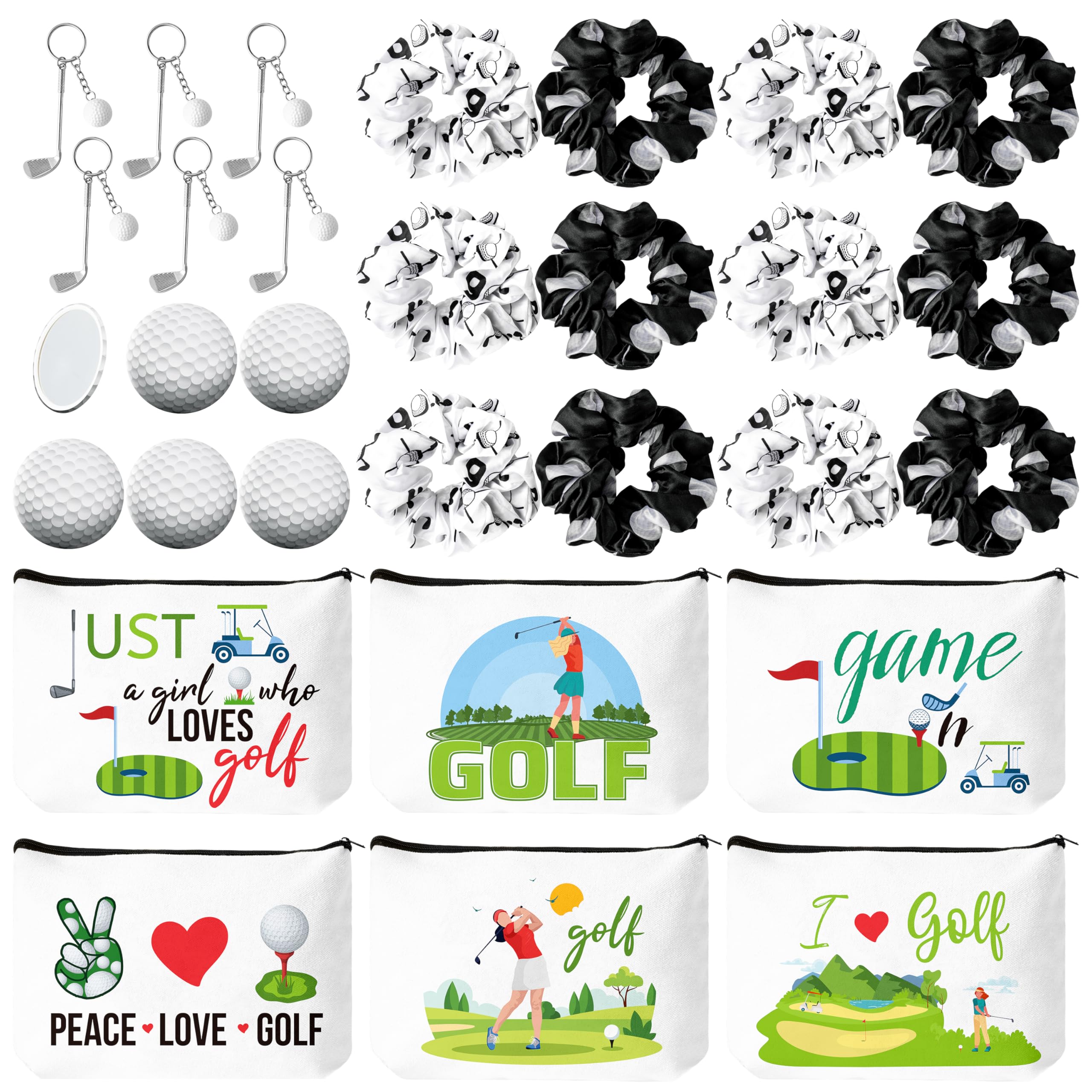 Y1tvei Golf Party Favors Gifts - 30Pcs Golf Cosmetic Bag Hair Scrunchies Round Mirror Alloy Keychain, Sports Game Makeup Bag Accessories for Women Girls Sports Lovers Players Club Party Decor Supplies