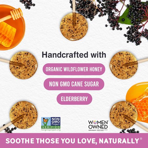 MommaBear Natural Sore Throat Care Lollipops - Organic Elderberry & Honey Kids Cough Relief | 10 Pack
