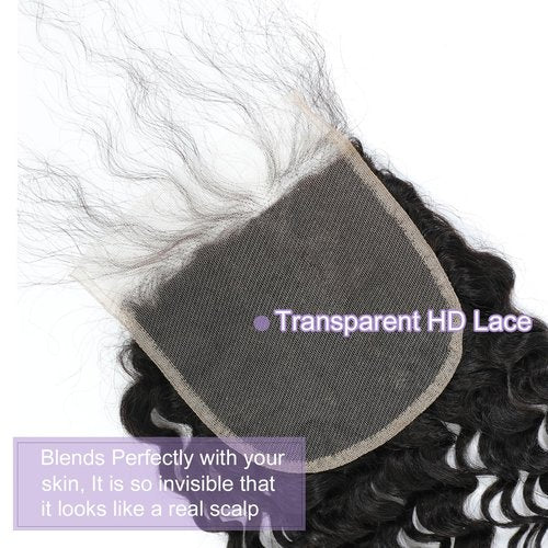 DSEKCAIN Closure Human Hair 5x5 HD Lace Closure Human Hair Closure Deep Wave Transparent HD 5x5 Lace Closure Deep Curly Closure RawVirgin Human Hair Pre Plucked Natural Black 1B Color 16 Inch