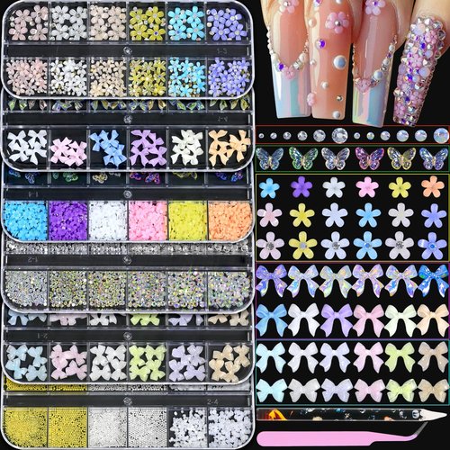 HNUIX Nail Charms - Nail Rhinestones Kit with 6 Boxes of Nail Gems, 3D Charms for Nails, Colorful Clear Flatback Gems, Pearls,Butterfly, Bow, Flowers, Caviar Beads, Multi Shape Crystals for Craft