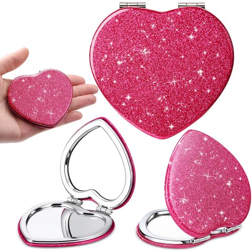 Briwooody 4 Pcs Valentine's Day Heart Compact Folding Mirror Mini Vanity Mirror Double Sided Cute Glitter Cosmetic Gift Portable Travel Magnifying Makeup Supplies for Women Mom Home(Rose Red)