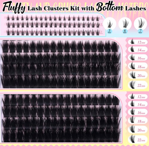 PVDKIW Fluffy Lash Clusters Kit with Bottom Lashes Spikes Eyelashes Manga Eyelash Clusters 12-22MM Volume Lash Extension Kit with Bond and Seal Lash Glue Lash Tweezers DIY at Home for Beginner