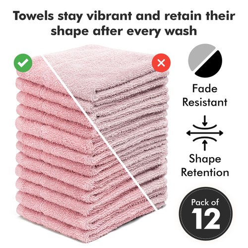 Novo Home Face Towels Pack of 12 – 100% Cotton Wash Cloths (12x12 inch) – Soft, Quick Dry & Highly Absorbent Hand Towels for Bathroom, Spa, Gym, Kitchen and for Daily Use - (Baby Pink)