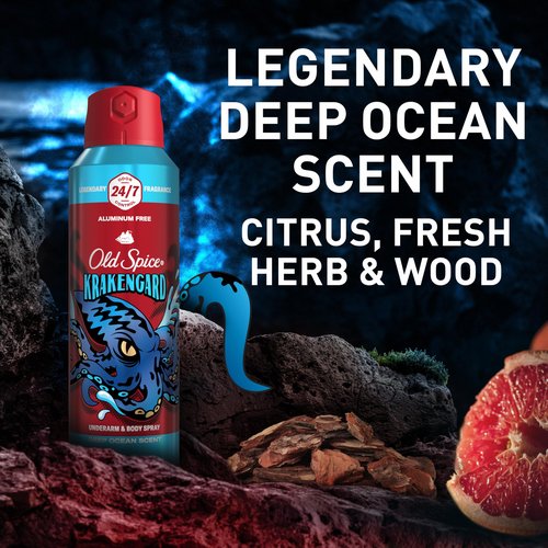 Old Spice Aluminum Free Body Spray for Men, 24/7 Odor Protection, 24/7 Lasting Fragnance & Freshness, Cologne Quality Scent, Krakengard with Deep Ocean Scent, 5.1 oz (Pack of 2)