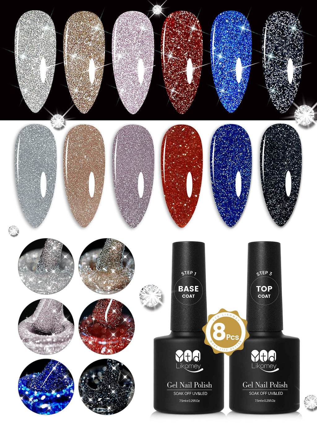 YTD Likomey Reflective Glitter Gel Nail Polish with Base Coat and Top Coat Set,Fall Winter Falsh 6 Colors Shimmer Black Silver Pink Blue Red Gold Diamond Sparkle UV Color Varnish Kit,8 Pcs 7.5 ml