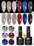 YTD Likomey Reflective Glitter Gel Nail Polish with Base Coat and Top Coat Set,Fall Winter Falsh 6 Colors Shimmer Black Silver Pink Blue Red Gold Diamond Sparkle UV Color Varnish Kit,8 Pcs 7.5 ml