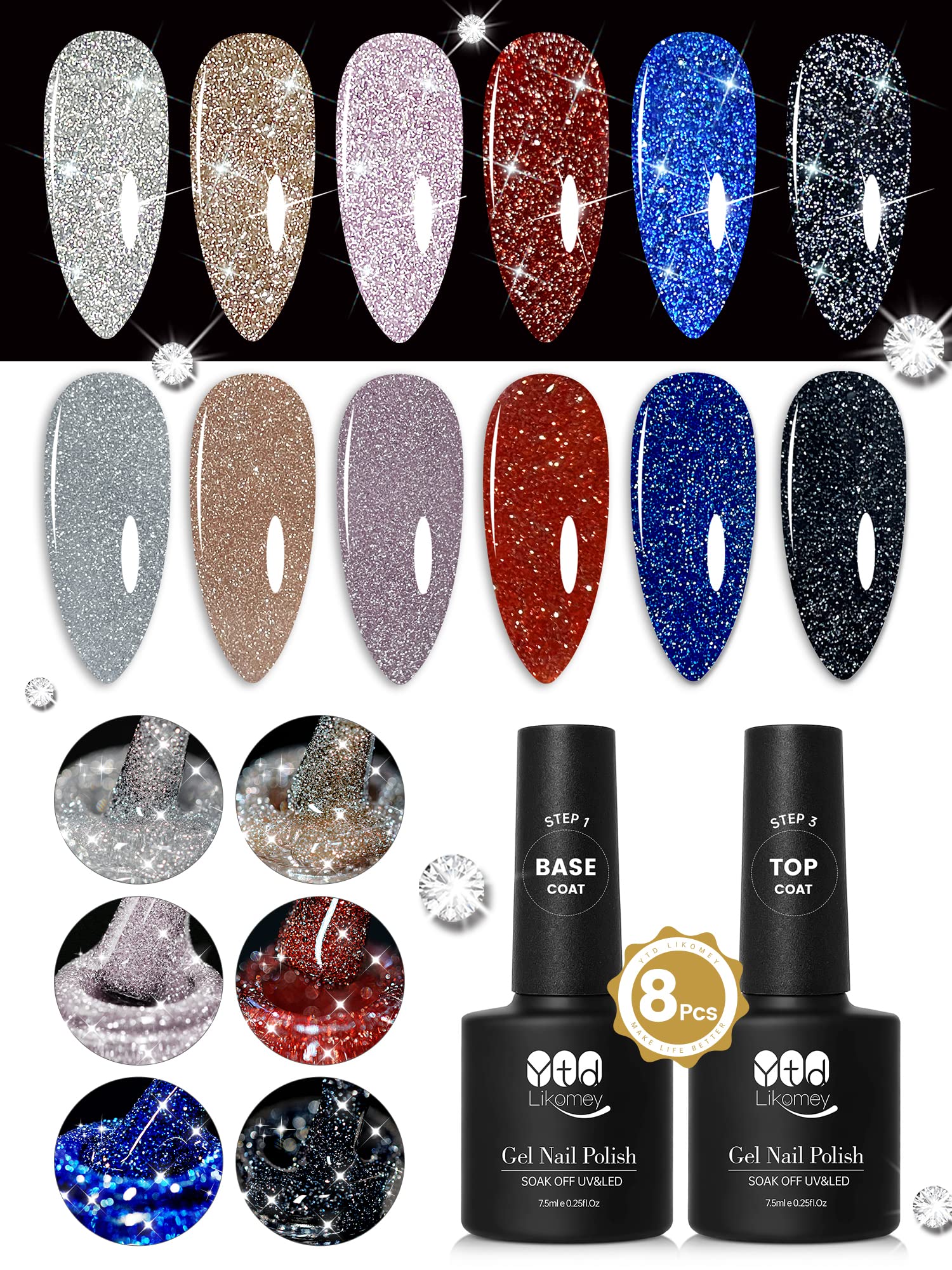 YTD Likomey Reflective Glitter Gel Nail Polish with Base Coat and Top Coat Set,Fall Winter Falsh 6 Colors Shimmer Black Silver Pink Blue Red Gold Diamond Sparkle UV Color Varnish Kit,8 Pcs 7.5 ml