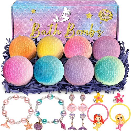 8 Packs Mermaid Bath Bombs for Kids Girls, Bubble Bath Bomb Kit with Surprise Toys Inside, Bath Toys for Kids Aged 4-8, Ideal Birthday Easter Stocking Stuffers for Girls 3 4 5 6