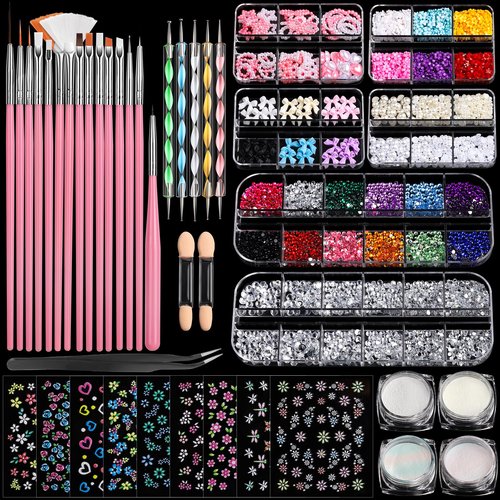 FANDAMEI Nail Art Brushes Set, Nail Art Kit, Nail Design Kit, Nail Dotting Tools, Nail Kit for Beginners, Chrome Nail Powder, Nail Stickers, Nail Rhinestones, Nail Charms Gems Nail Art Decoration Kit