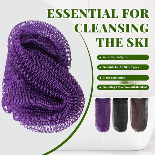 African Net Sponge Authentic, 3 Pieces Exfoliating Scrubber Bath Sponge for All Skin Types, Back Scrubber Loofah Washcloth for Shower, Gentle Exfoliation (Brown,Purple,Black)