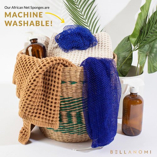 BELLANOMI African Exfoliating Net Sponge 2-Pack Sapo – Authentic & Ethically Sourced, 45" Long Back Scrubber, Quick-Dry 100% Nylon, Gentle Exfoliation Great for Daily Use (Emerald Green & Yellow)