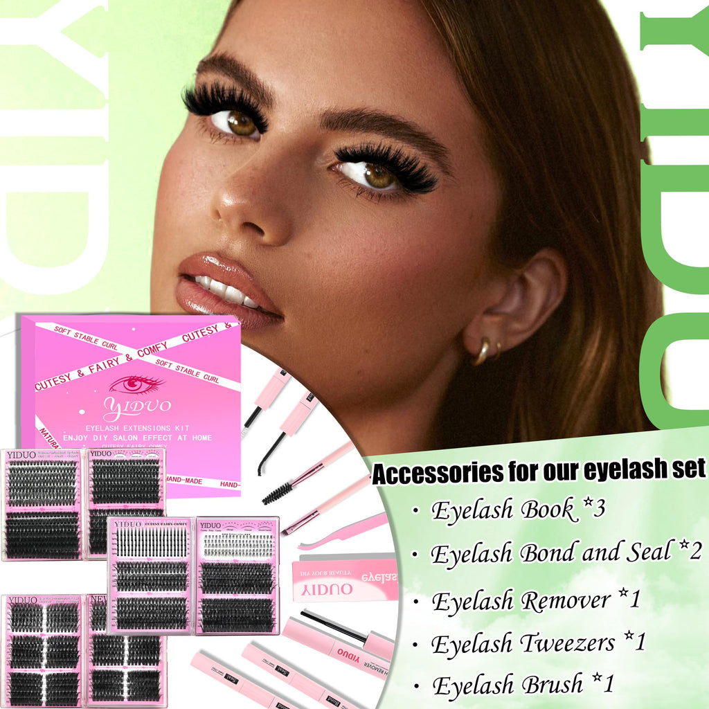 YIDUO 6 Box Mix Lashes Clusters Kit Gift Packs 1686Pcs with 2X Bond&Seal Volume Mega/Bottom Soft Extension False Eyelash D Curl Wispy Natural DIY Individual Fake Eyelashes for Beginners Bulk Pack