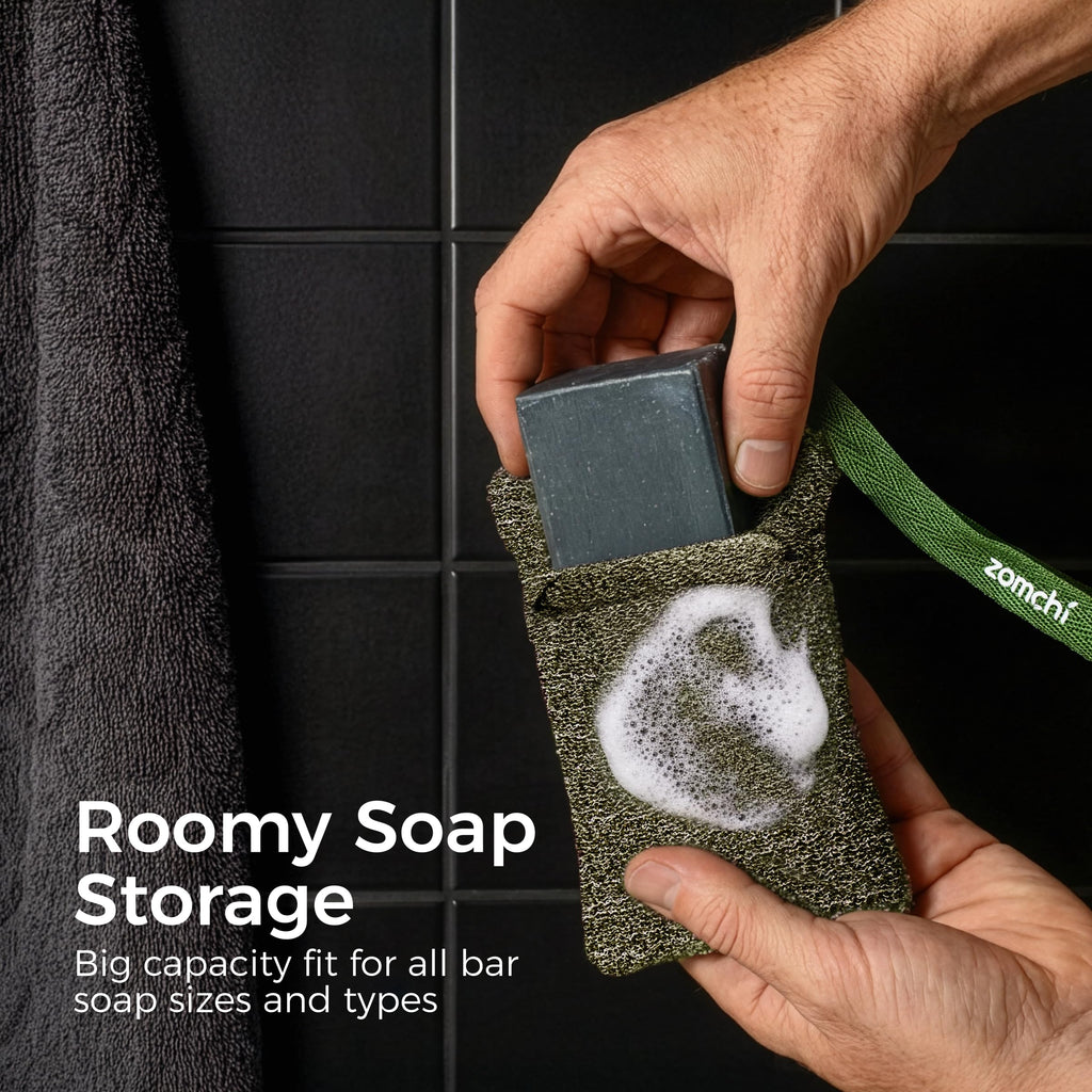 ZOMCHI Exfoliating Bar Soap Pouch, 2 Pack Soap Bags with Coarse & Gentle Mesh for Effective Exfoliation, Soap Saver Bags for Rich Lathering and Deep Cleansing (Olive Green)