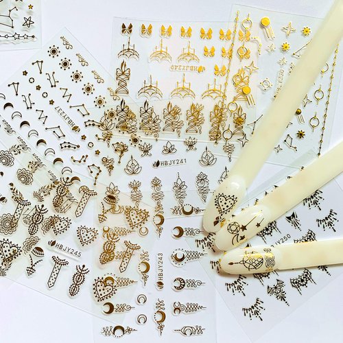 NAIL ANGEL 24 Sheets Nail Art Adhesive Gold Color Sticker Sheets Moon Star Universal Flower Shapes Sticker Sheets Nail Art Deco 10057