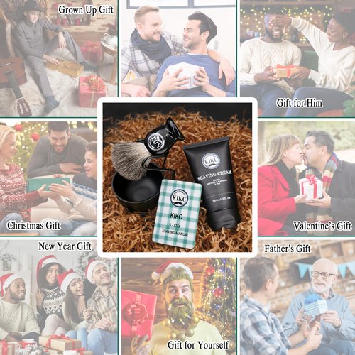 KIKC 5 in 1 Shaving Kit for Wet Shave, Set Includes Hand Crafted Pure Badger Shave Brush, Stainless Steel Lathering Soap Bowl, Shave Brush Stand, Shaving Cream, Best Gift for Bearded Man, Deluxe Black
