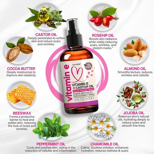 Organic Vitamin E Oil - Scar & Stretch Mark Treatment with Castor, Rosehip, Jojoba | Hydrating Face & Body Oil
