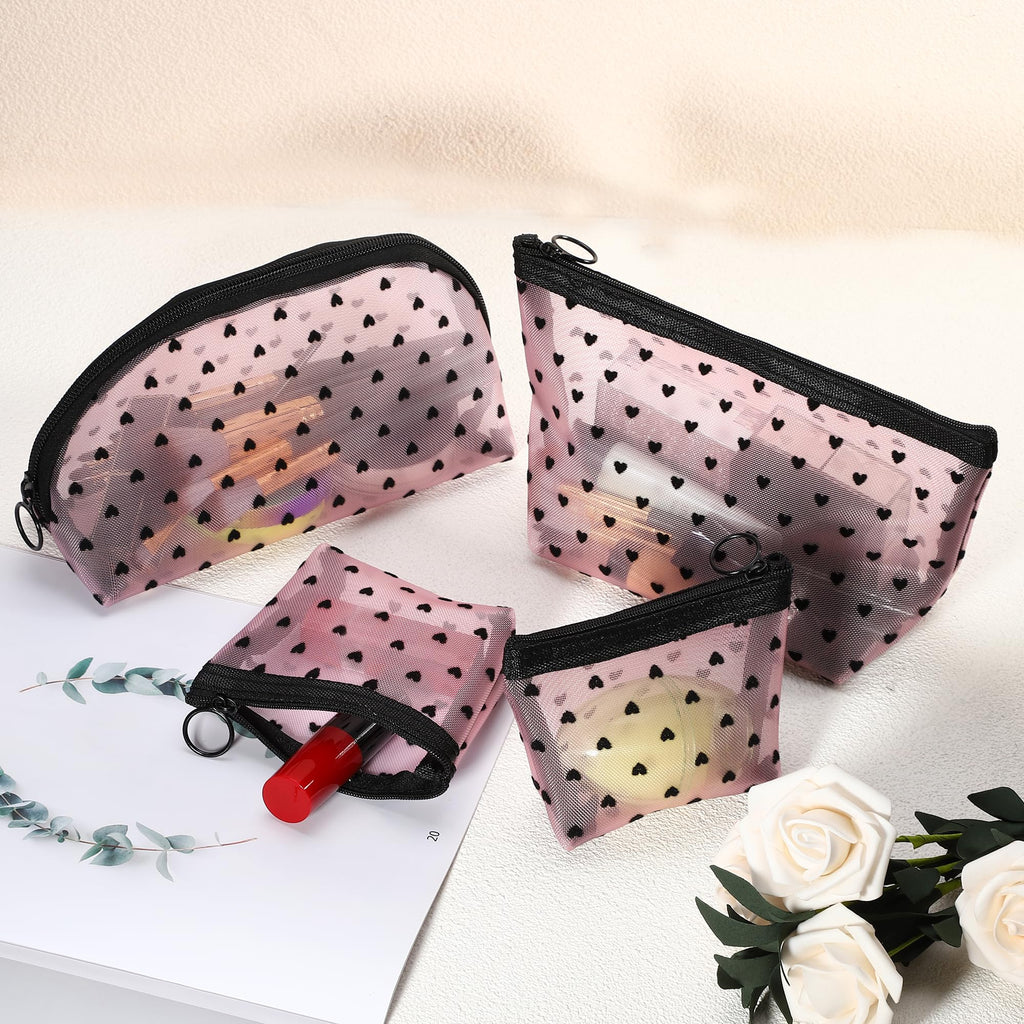 VOCOSTE 4pcs Heart Shape Print Mesh Makeup Bag, Makeup Bag Clear, Mesh Bags with Zipper, Clear Makeup Pouch Mesh Bags, Make Up Bags for Women, Pink