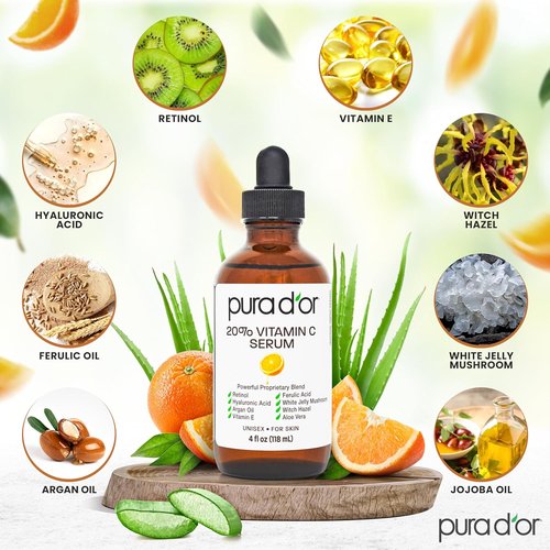 PURA D'OR 20% Vitamin C Facial Serum - Antioxidant Blend with Retinol & Hyaluronic Acid | 4 Oz Hydrating Formula for Daily Use