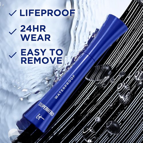 IT Cosmetics Superhero Waterproof Mascara - 24HR Volumizing Formula with Biotin & Peptides - Super Black, 0.3 fl oz