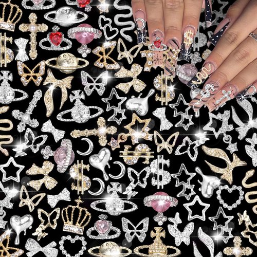 105 Pcs Silver+Gold Nail Gems Charms, Planet Crown Dollar Nail Gems Snake Star Bow Nail Charms 3D Cross Nail Art Jewelry Charms + Gold Dollar Charms for Nail Art DIY Jewel Accessories