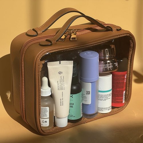 JAZD Clear Makeup Bag Toiletry Bag for Women Cosmetic Case Large Capacity Travel Make Up Bag Organizer Transparent Storage Compartment TSA Approved (BROWN)