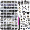 5 Boxes Black 3D Nail Charms Set, 24Pcs Y2k Alloy Nail Art Rhinestone Charms 3D Bow Flower Crown Heart Star with Tweezers and Dual-end Brush for Manicure Salon DIY Crafts,Face Makeup Gems Jewels