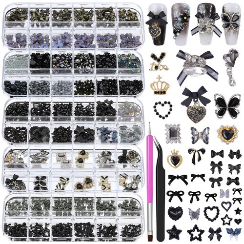 5 Boxes Black 3D Nail Charms Set, 24Pcs Y2k Alloy Nail Art Rhinestone Charms 3D Bow Flower Crown Heart Star with Tweezers and Dual-end Brush for Manicure Salon DIY Crafts,Face Makeup Gems Jewels
