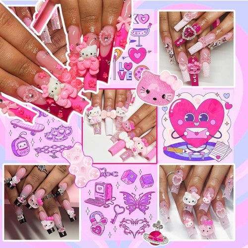 3D Pink Nail Charms Bulk Gummy Bear Butterfly Bow Assorted Nail Charms Set Planet Cherry Gems Cute Heart Star Pearls Nail Charms for Nail Art DIY Supplies Accessories