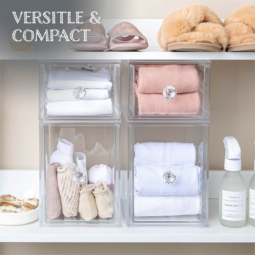 Oizeir Clear Drawer Organizers - Acrylic, Durable, Stackable, Pull-Out Drawer - Great for Medicine, Cosmetics, Makeup and Bathroom Organization (4.5" High | 2-PACK)