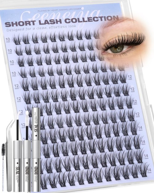 Geeneiya Natural Lash Clusters Kit Short Eyelash Clusters Kit 10-12-14MM Wispy Cluster Lashes C Curl Cluster Eyelash Extensions Clean Girl Makeup Lash Extension Kit with Waterproof Lash Bond and Seal