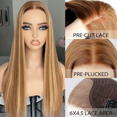 BLL Glueless Wig, Honey Blonde Synthetic Lace Front Wigs for Black Women Pre Plucked Pre Cut 6x5 Lace Easy to Wear Put on and Go 26inch Long Straight Highlight Wig