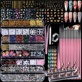Teenitor 4 Boxes Nail Charms and Gems Set, Nail Rhinestones Nail Kit with Nail Art Brushes Nail Stand, Nail Gems Nail Design Tools with 15pcs Nail Stickers, Gold Nail Pearls for Women Nail Decorations