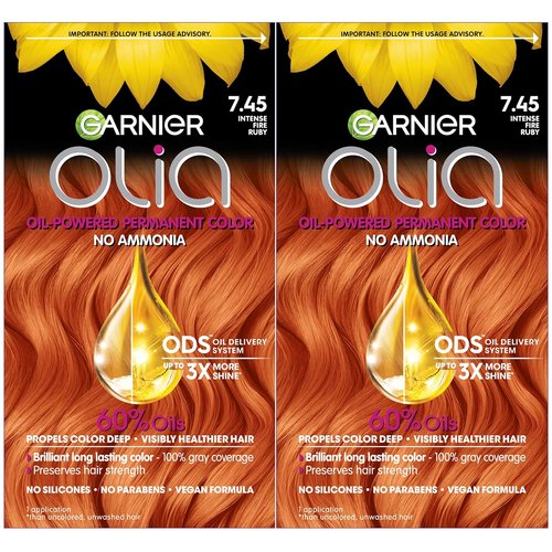 Garnier Olia Ammonia-Free Permanent Hair Color - 7.45 Dark Fire Ruby, Oil-Rich Formula, 2 Count