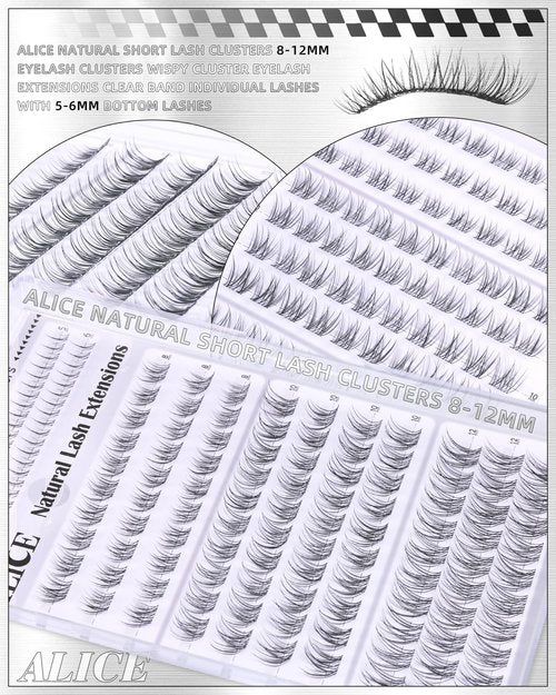 ALICE Natural Short Lash Clusters 8-12mm Eyelash Clusters Wispy Cluster Eyelash Extensions Clear Band Individual Lashes with 5-6mm Bottom Lashes