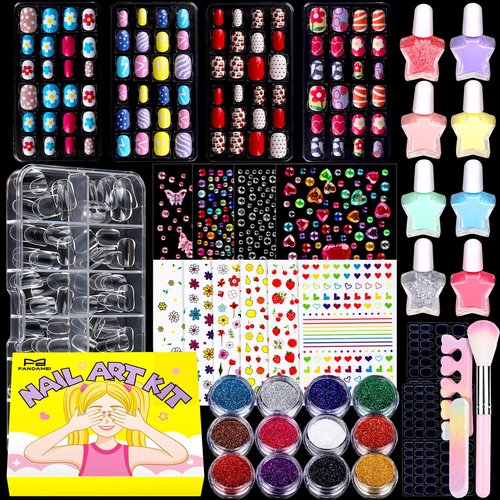FANDAMEI Nail Kit for Girls, Press on Nails for Teens, Nail Polish Set for Girls, False Nail Tips for Teens, Nail Stickers, 3D Rhinestone Stickers Face Gems, Nail Glitter, Nail Art Tool Kit