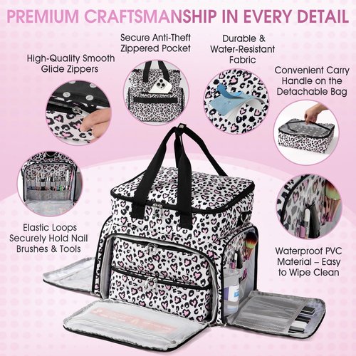 DERSTUEWE Nail Polish Organizer Case – Waterproof Travel Bag with Hard Bottom – Double Layer Nail Storage Bag with Adjustable Dividers & Nail Lamp Compartment (Multi Print)
