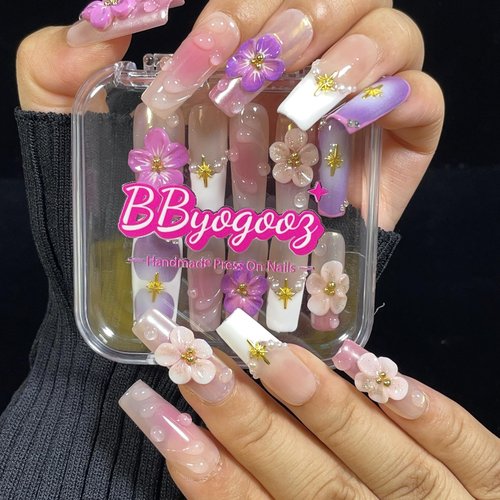 Handmade Press On Nails Medium/Long Square Pink 3D Sakura Design - Reusable French Acrylic Fake Nails with Gold Stars & Pearls, Luxury Cherry Blossom False Nails (Sakura, M)