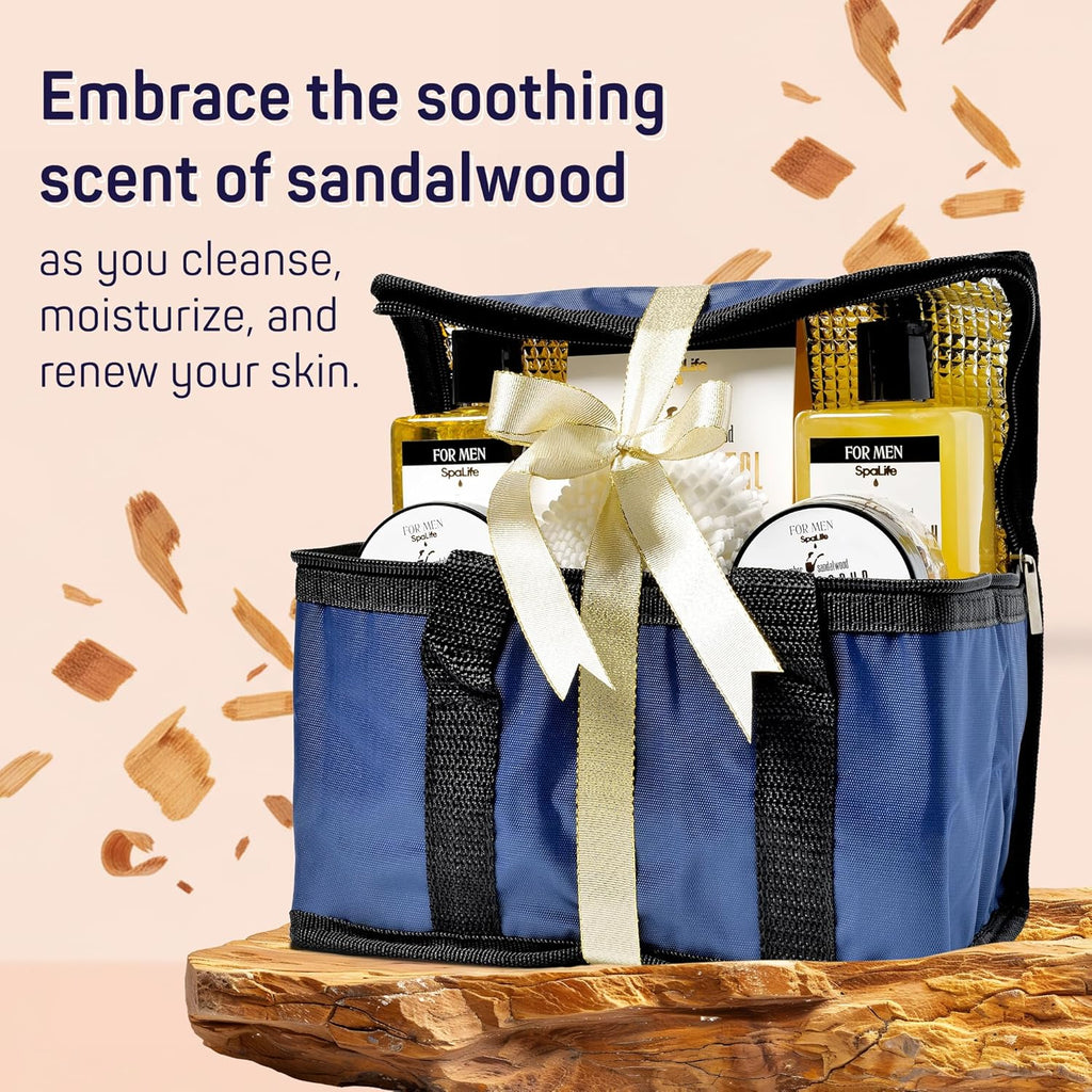 SpaLife Luxury Spa Sandalwood Gift Set for Men - 7-Piece Body Wash & Exfoliating Bundle