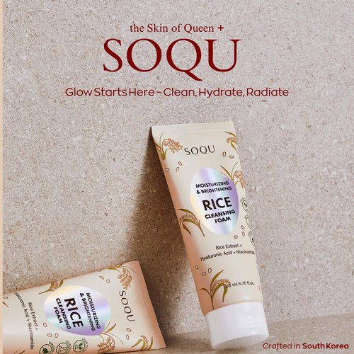 SOQU Rice Foam Cleanser with Niacinamide & Hyaluronic Acid – Gentle Korean Face Wash for Hydrating & Brightening – Made in Korea – 200ml